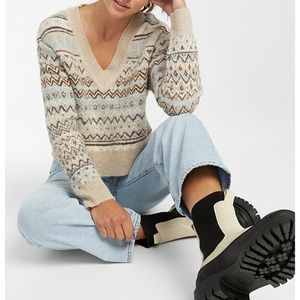 Retro cream blue Scottish jacquard wool blend knit cropped V-neck sweater NWT